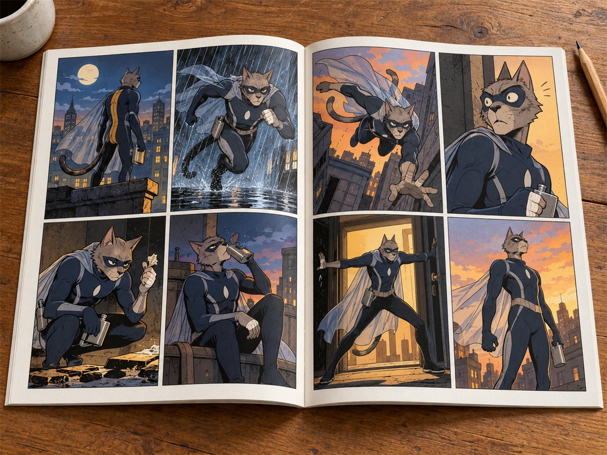 A printed comic book open on a table