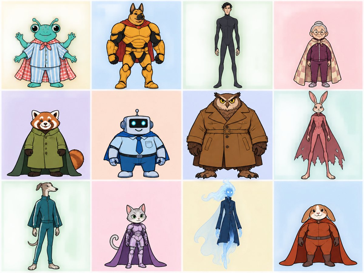 A grid of unrelated AI images, every one a different character