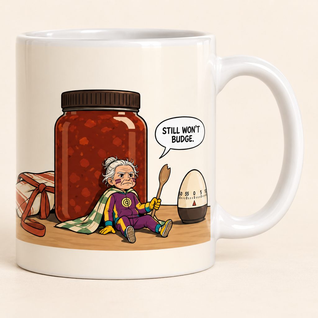A ceramic mug printed with a comic panel made in the app