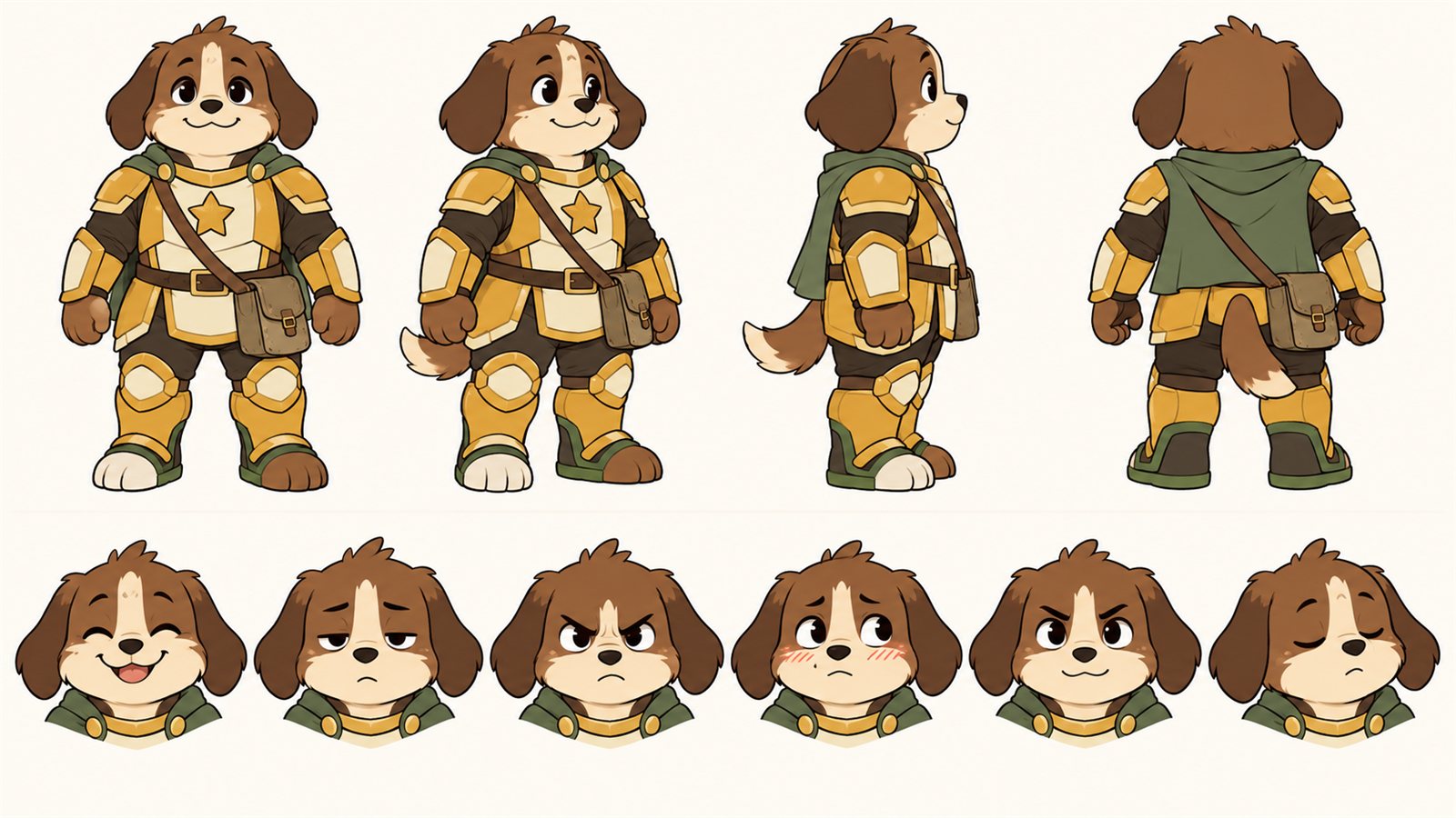 Character model sheet: four views and six expressions of the same hero