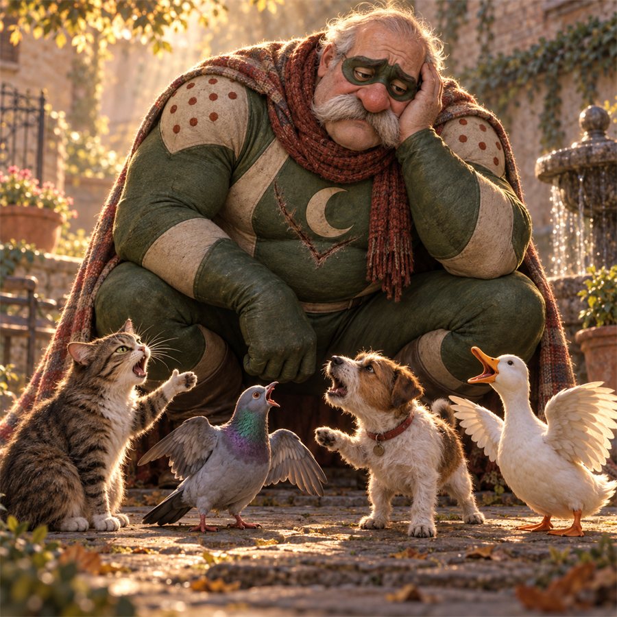 A hero listening to three complaining animals