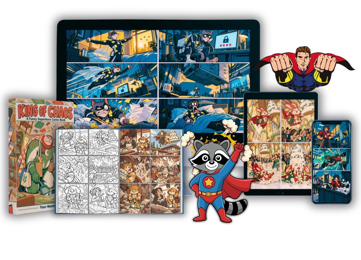 A desk with the app open on a laptop, surrounded by printed products all showing the same superhero character