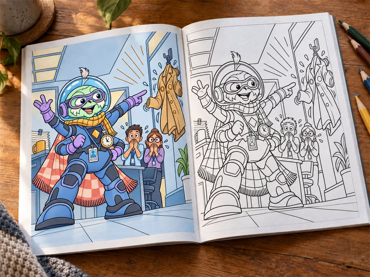 A printed colouring book open on a table