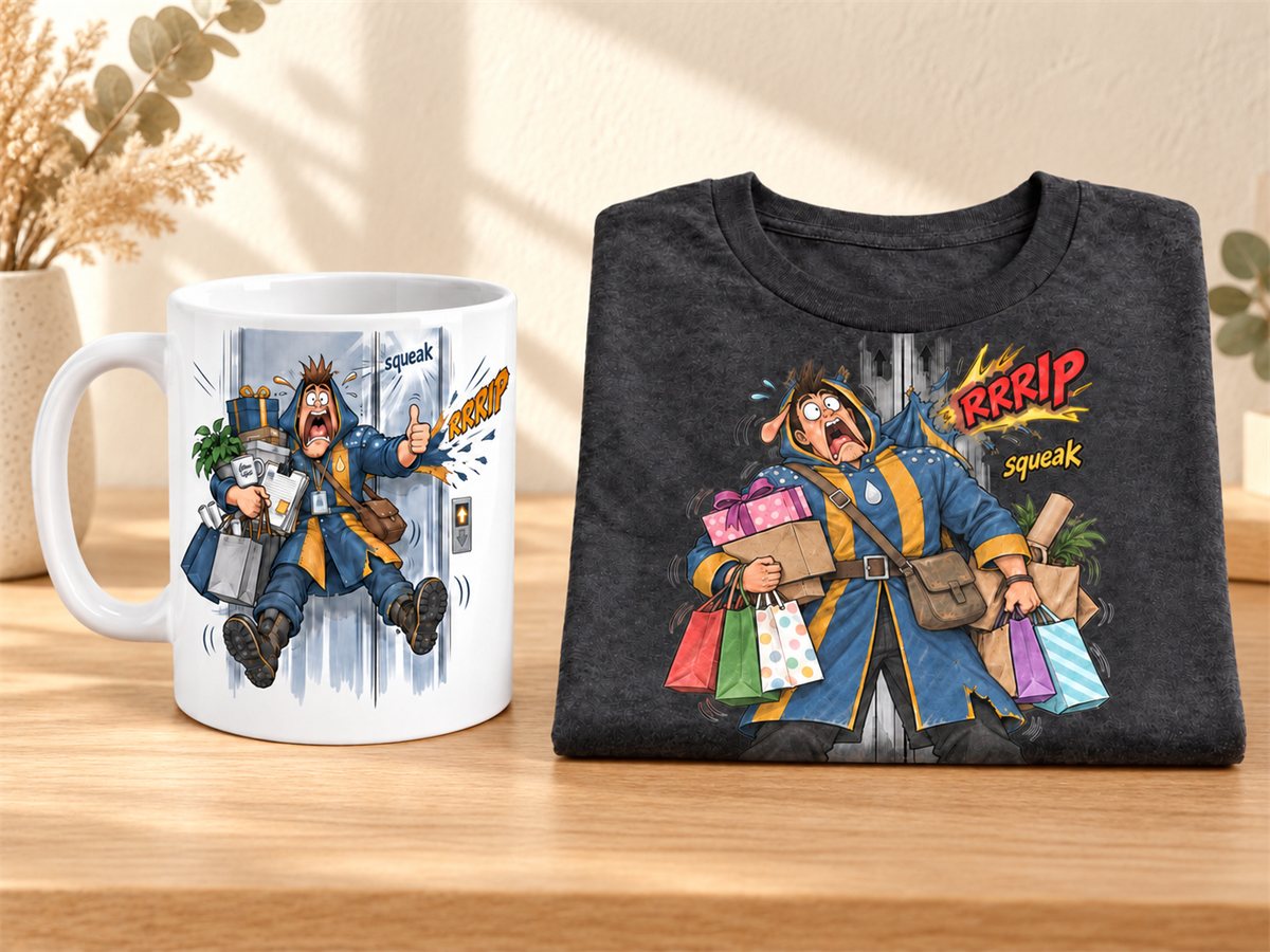 A t-shirt and a mug printed with the same character