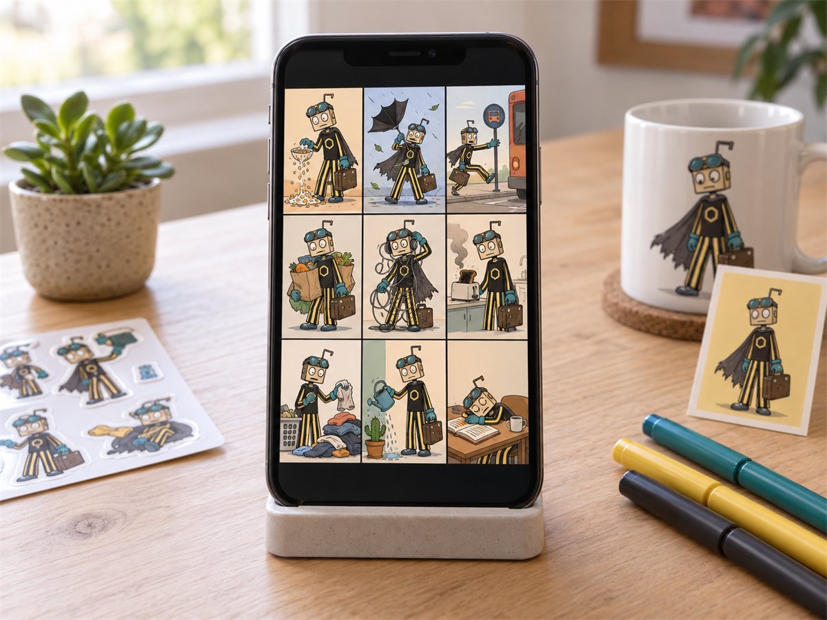 A phone showing a social feed of comics with the same character