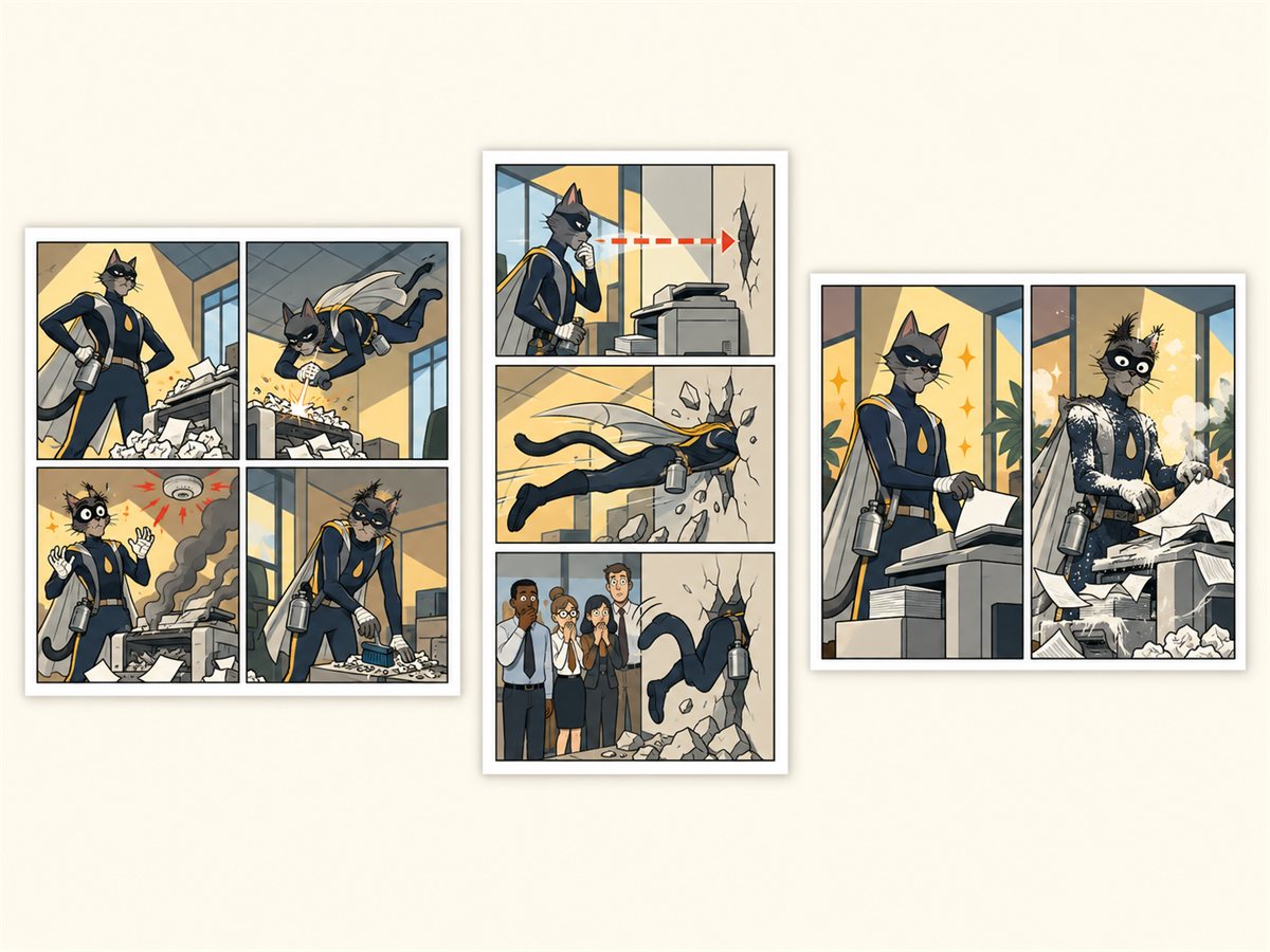 The same joke drawn as a four-panel square post, a three-panel vertical pin and a wide banner