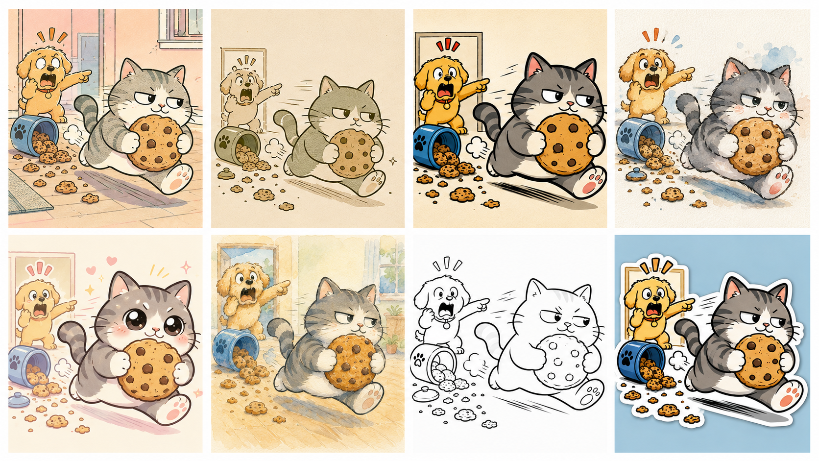 Grid of 8 comics, one per style