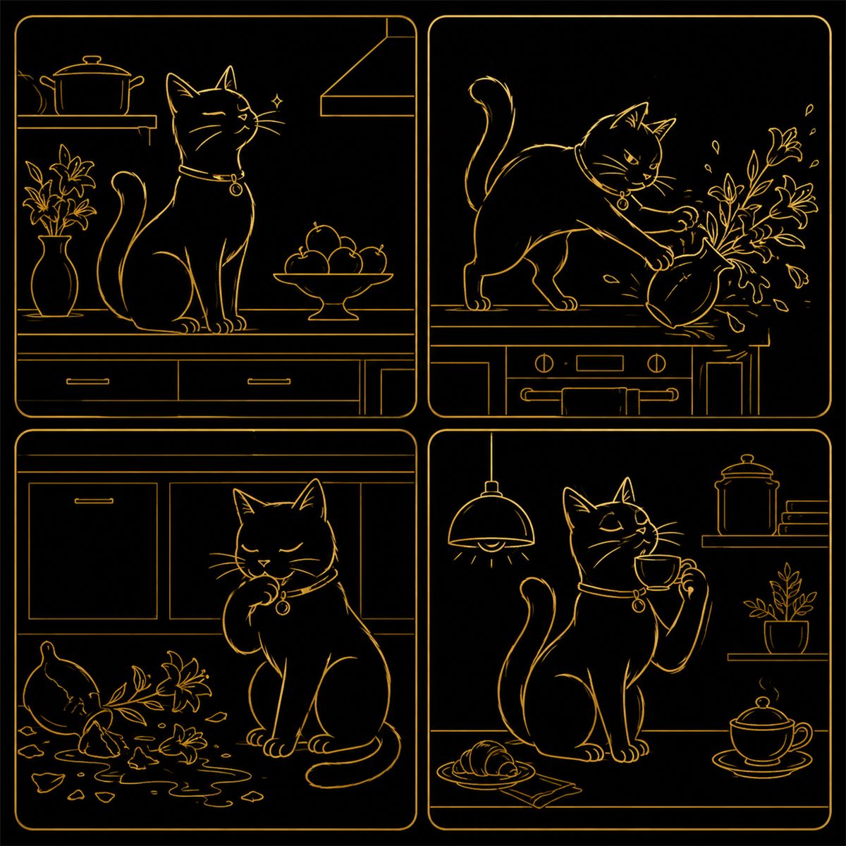 Luxe black and gold line pet art