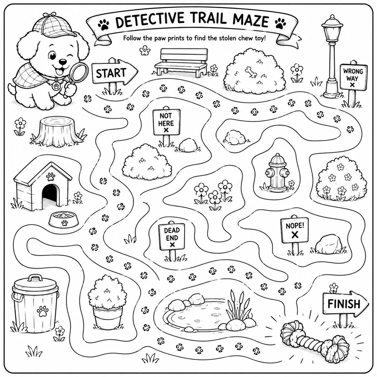 Seek-and-find and trail-maze detective pages