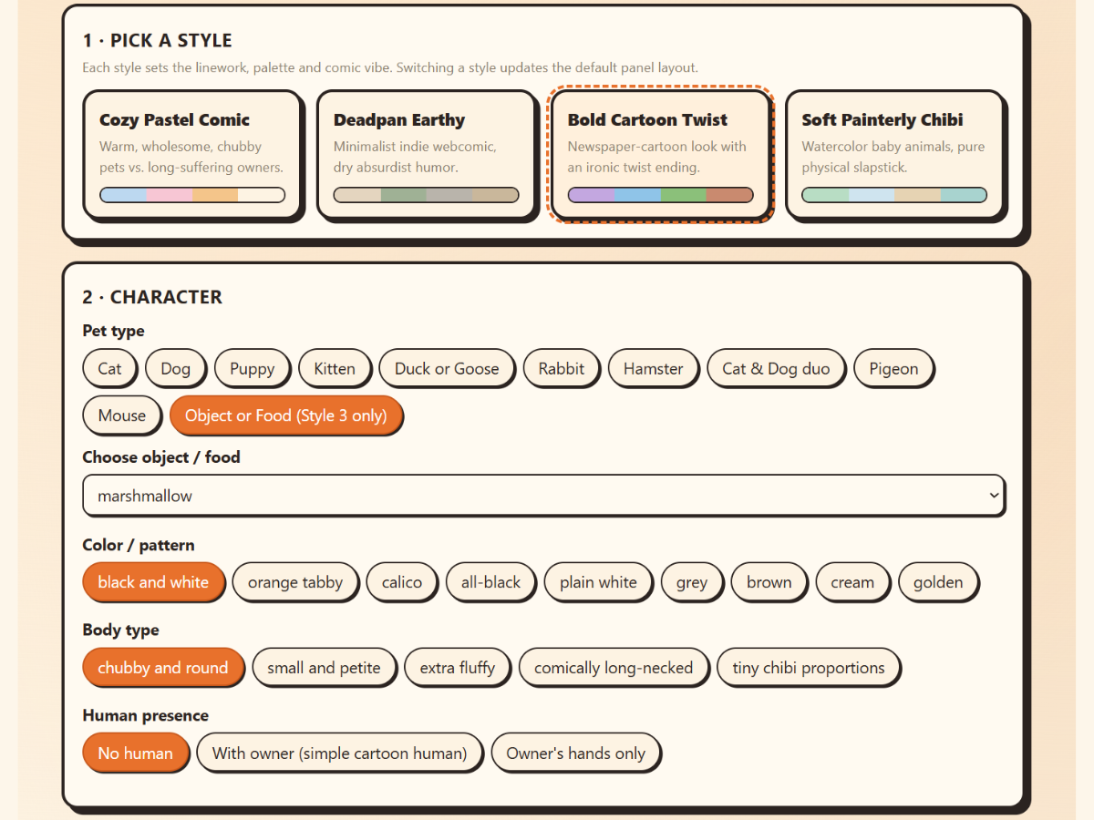 Inside the app — pick a style and character