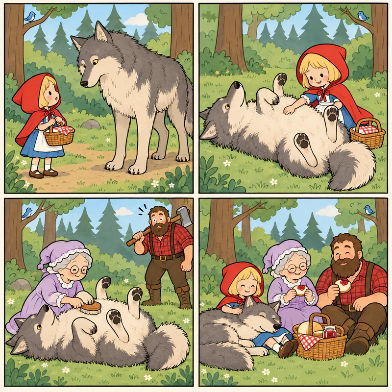 Four-panel comic: the Big Bad Wolf rolls over for a belly rub