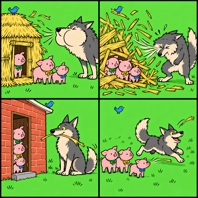 Four-panel comic: the Wolf waits at the brick house with a piece of straw, ready for fetch