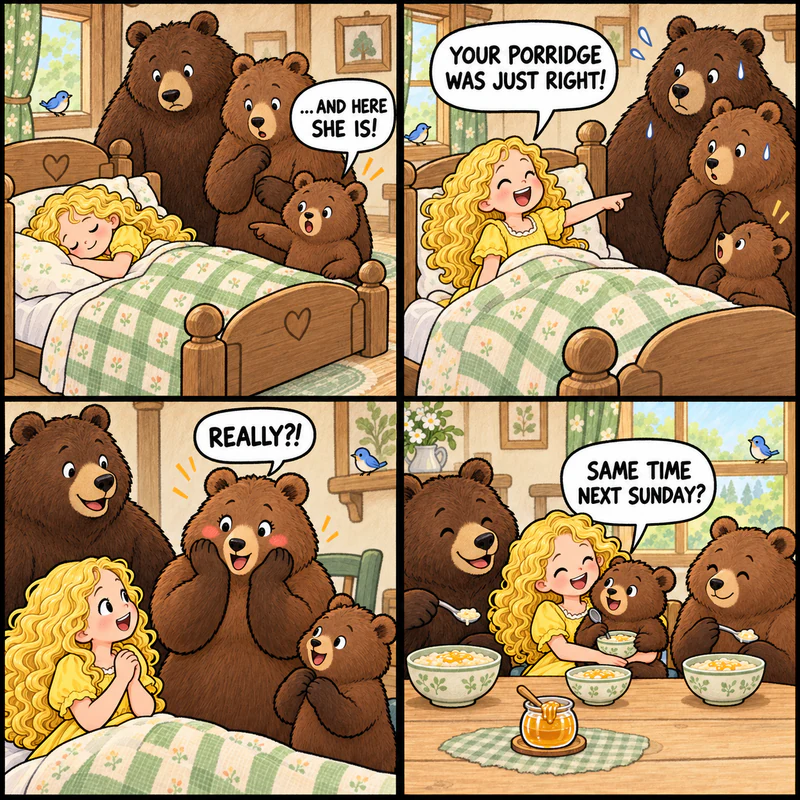 Four-panel comic: Goldilocks tells Mama Bear her porridge was just right