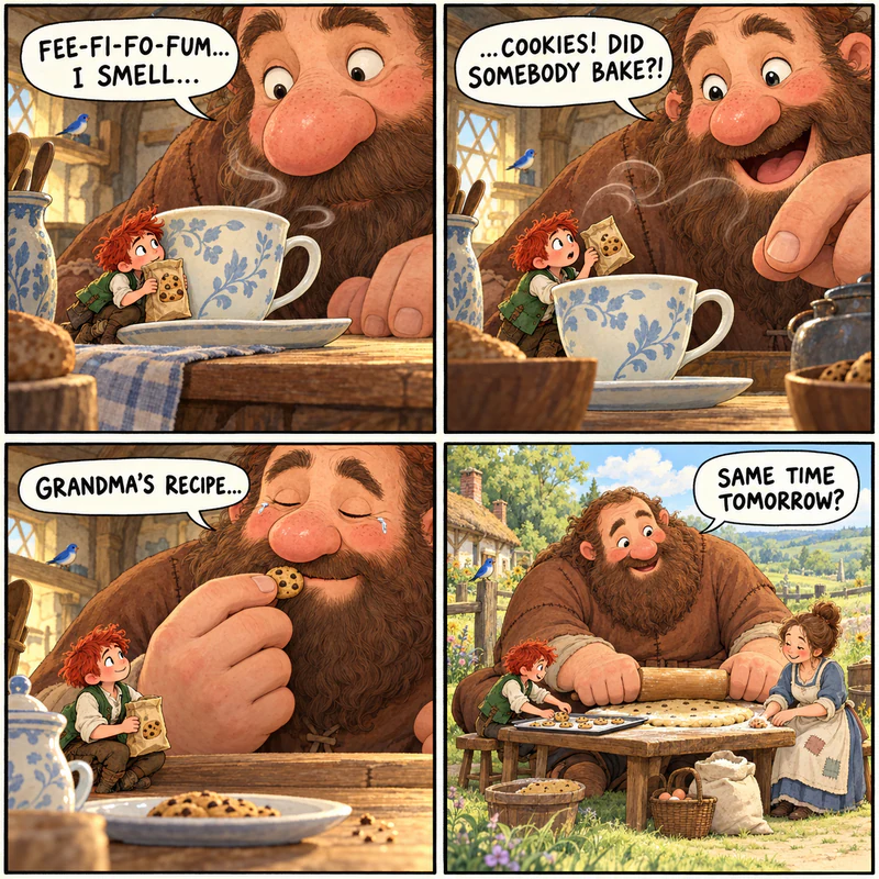 Four-panel comic: the Giant smells Jack's cookies