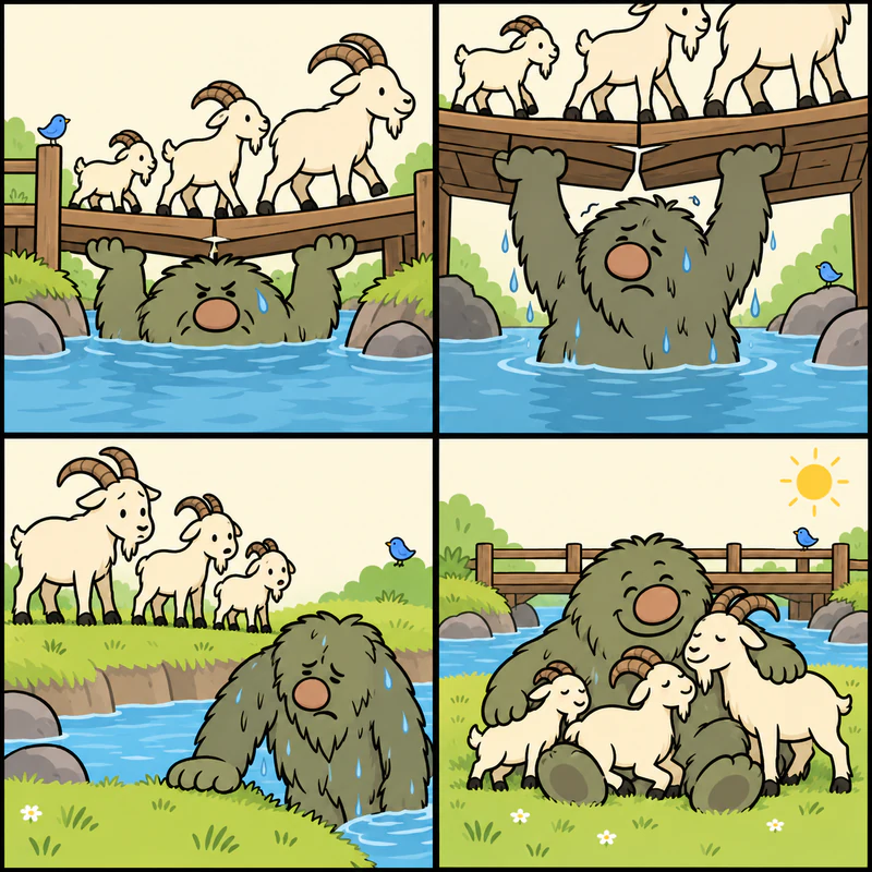 Four-panel comic: the Troll holds up the old bridge