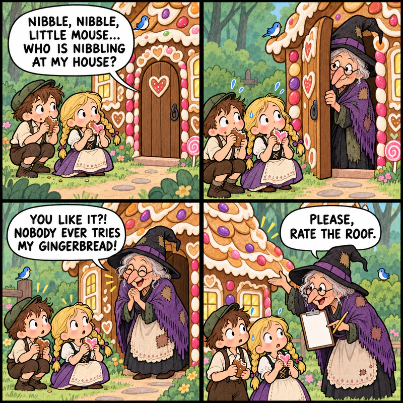 Four-panel comic: the old woman of the candy house is thrilled someone is tasting her gingerbread