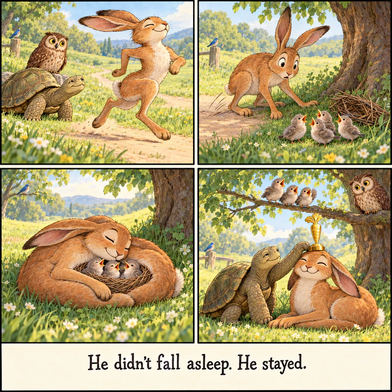 Four-panel comic: the Hare stays under the tree with the Tortoise