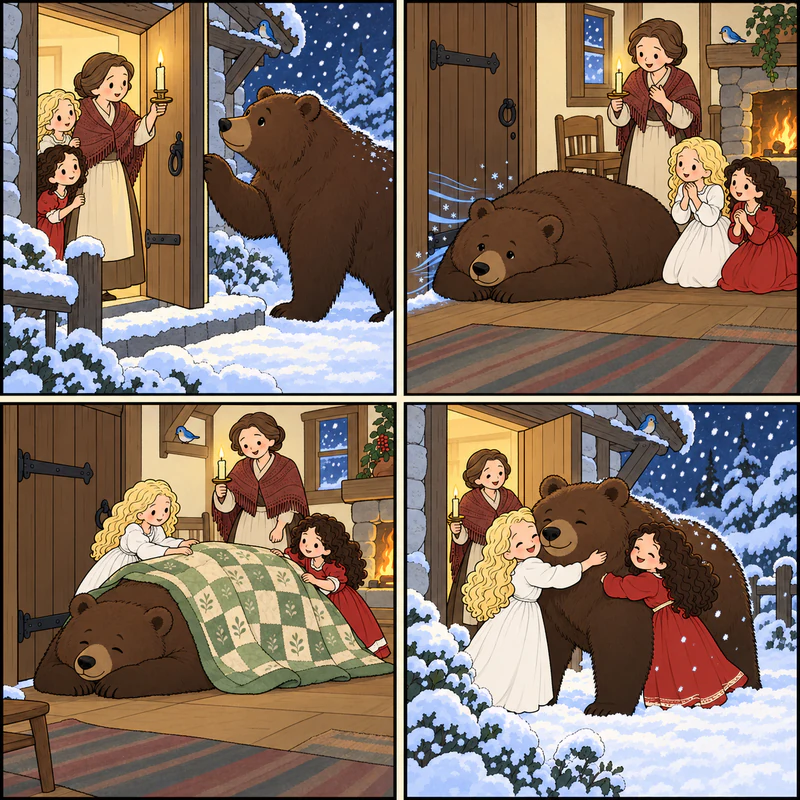 Four-panel comic: the gentle bear sleeps by the drafty door so the cold cannot reach the sisters