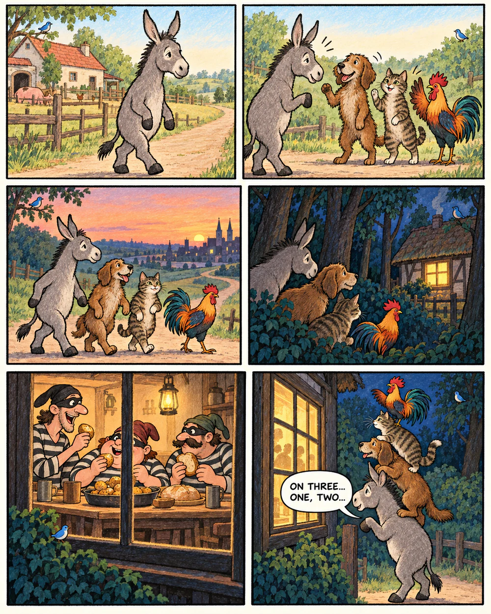 Page 1 of a six-panel comic: four old animals stack up at a robbers' window