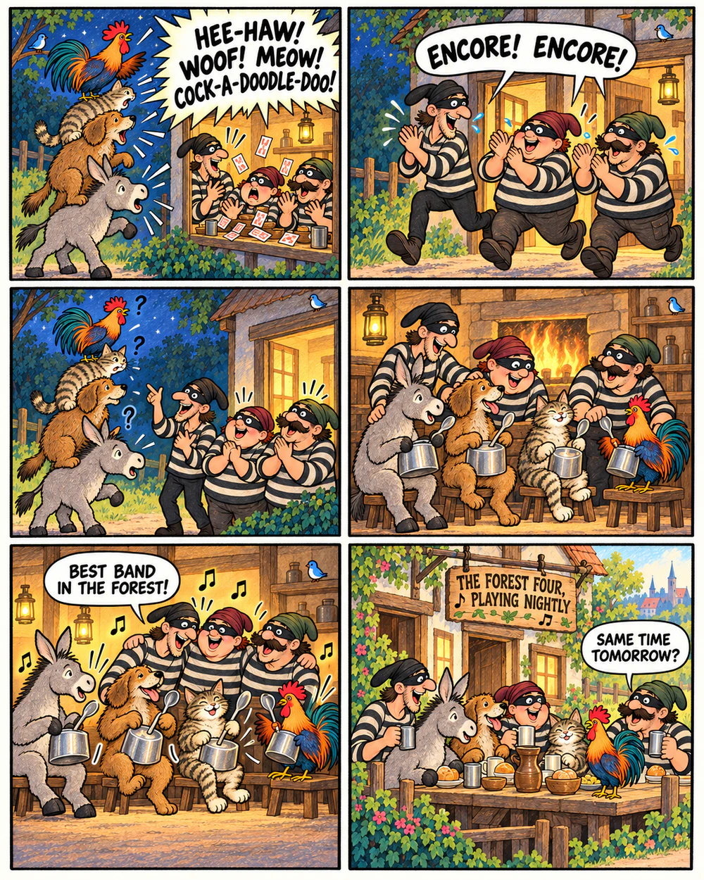 Page 2: the robbers shout ENCORE! and the animals become a band