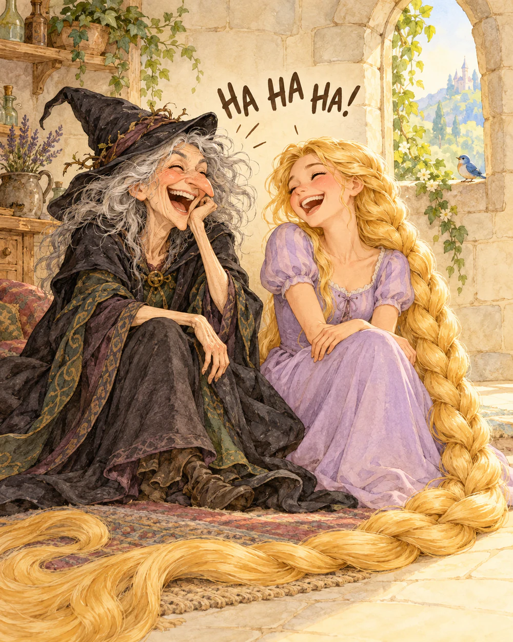One comic panel: Rapunzel and the Witch laughing after a wild ride on the braid