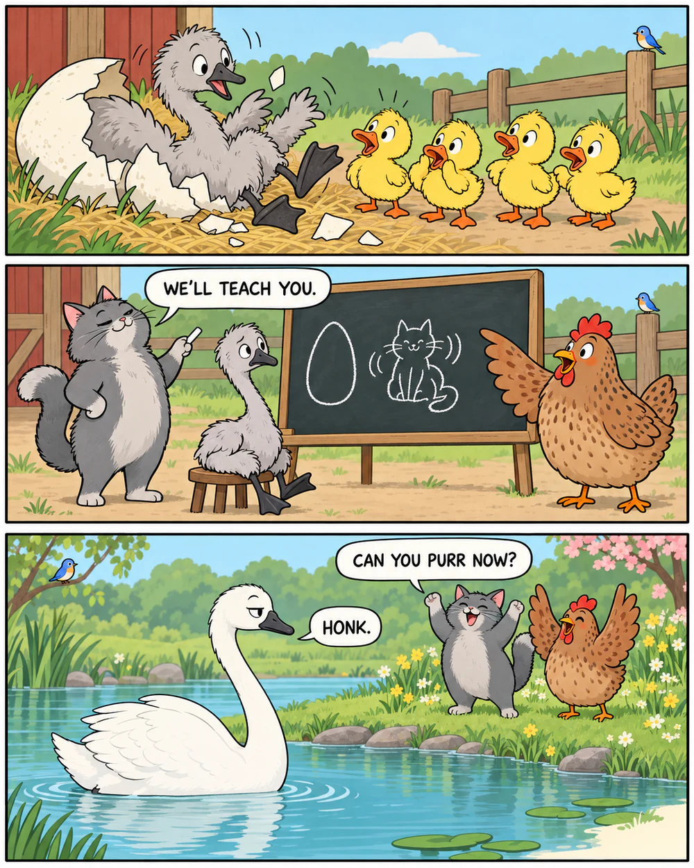 Three tall stacked panels: the Cat asks the swan, Can you purr now? HONK.