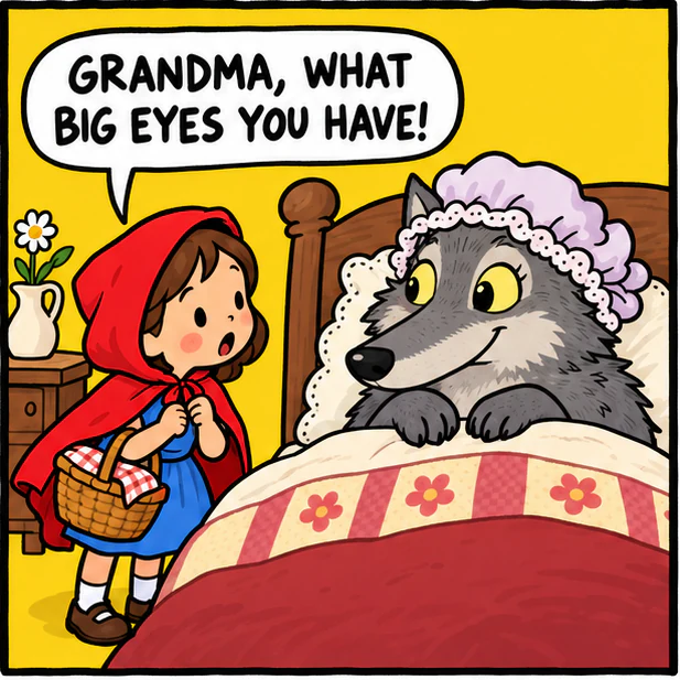Little Red at the bed: Grandma, what big eyes you have!