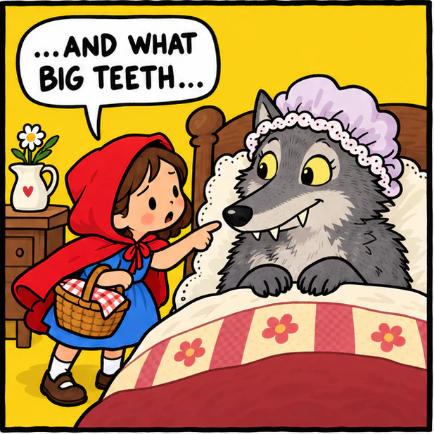 Little Red points at the Wolf's teeth: …and what big teeth…