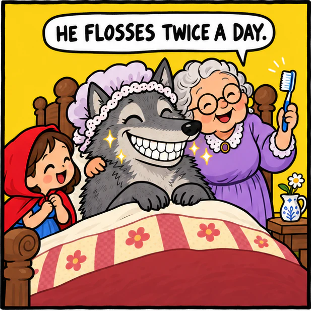 Grandma pops up with a toothbrush: He flosses twice a day.