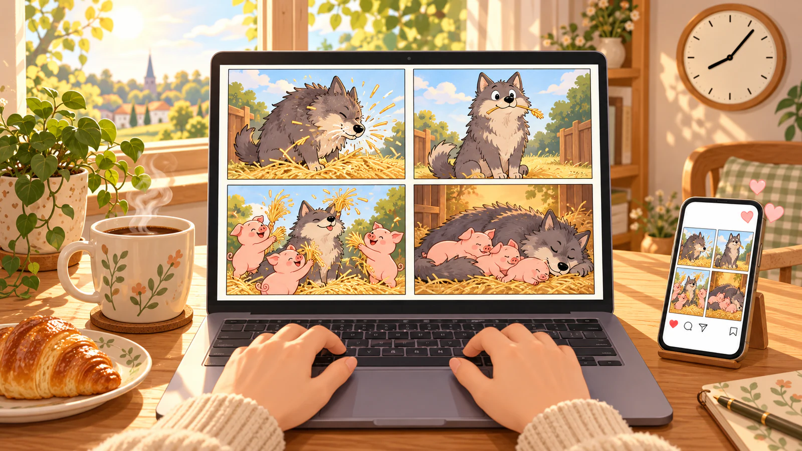 A cup of coffee next to a laptop showing today's comic