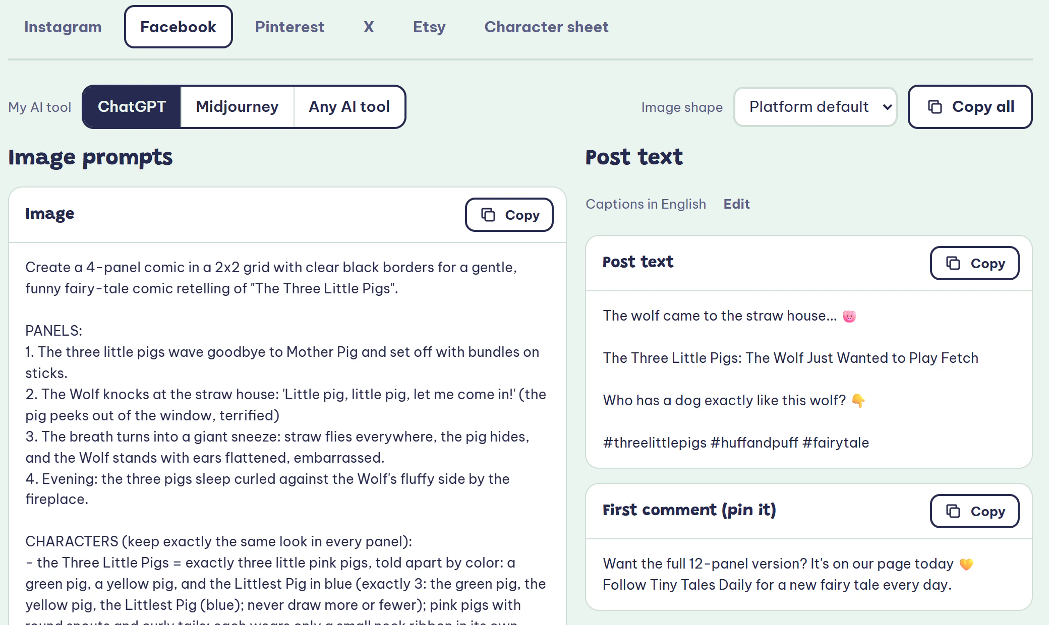The Post kit: the Facebook image prompt and the ready caption, each with a Copy button