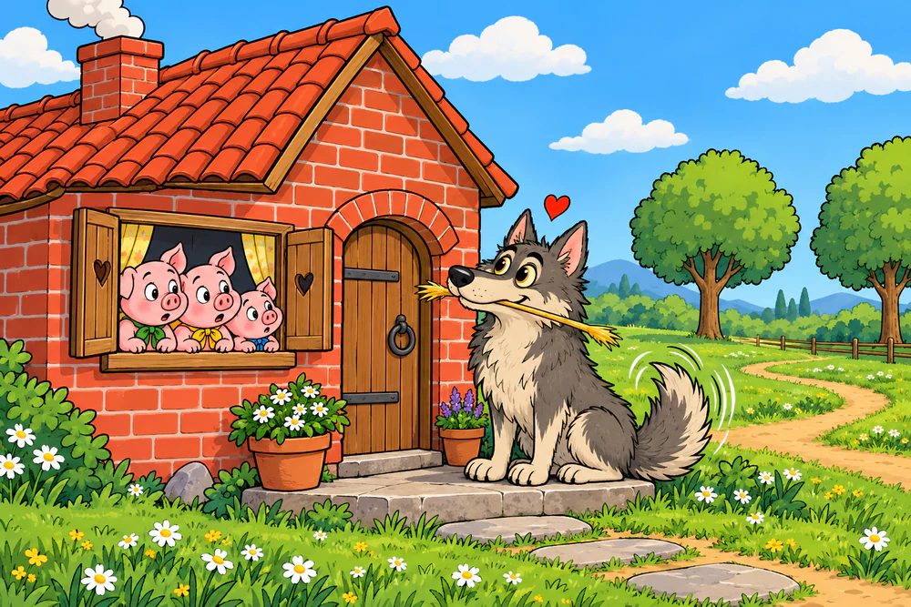 The Wolf waits with a straw in its mouth