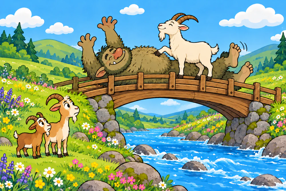 A billy goat scratches the Troll's tummy